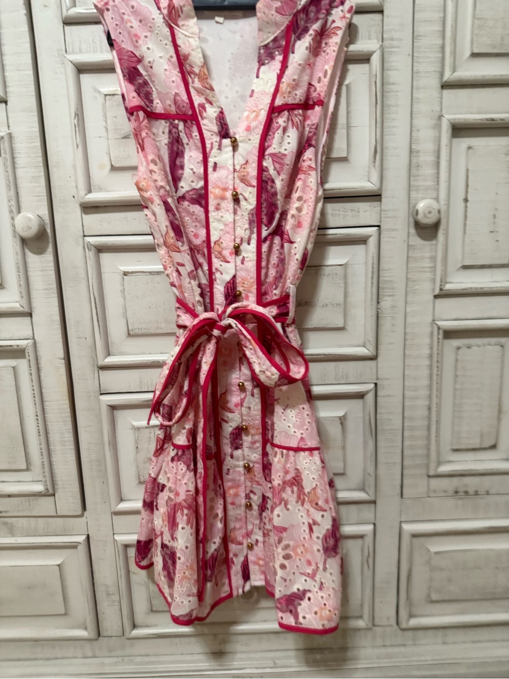 Pink Floral Eyelet Tie-Waist Dress